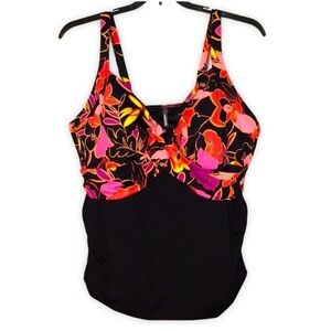 LANDS END Women’s Tankini Top Swimsuit Black & Floral Design Underwire Top